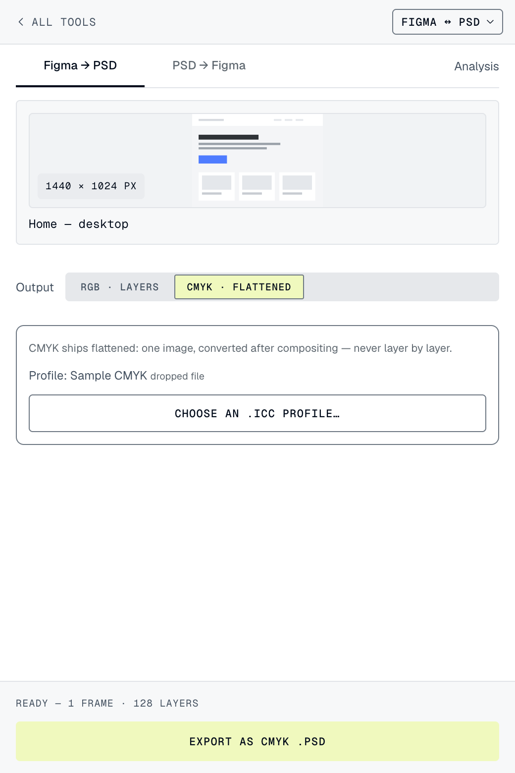 The Figma to PSD screen: the list of frames to convert and the color mode selector.