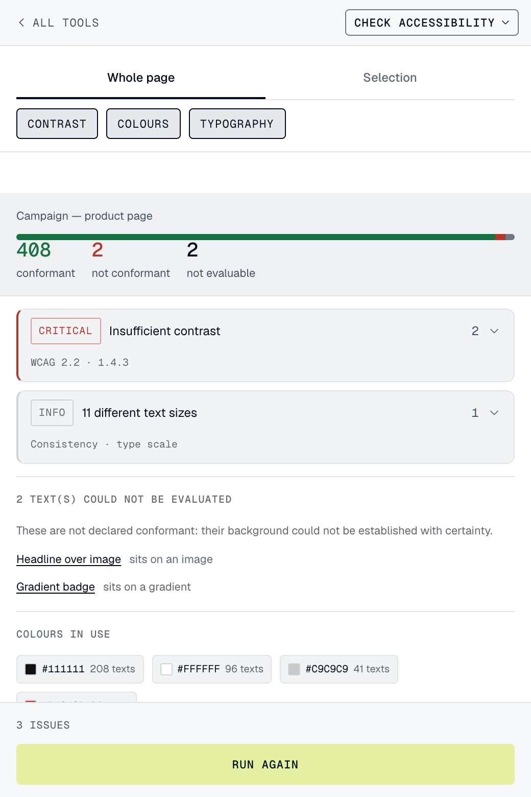 The accessibility audit screen: contrast results per text layer, with pass and fail verdicts and the ratio measured for each.