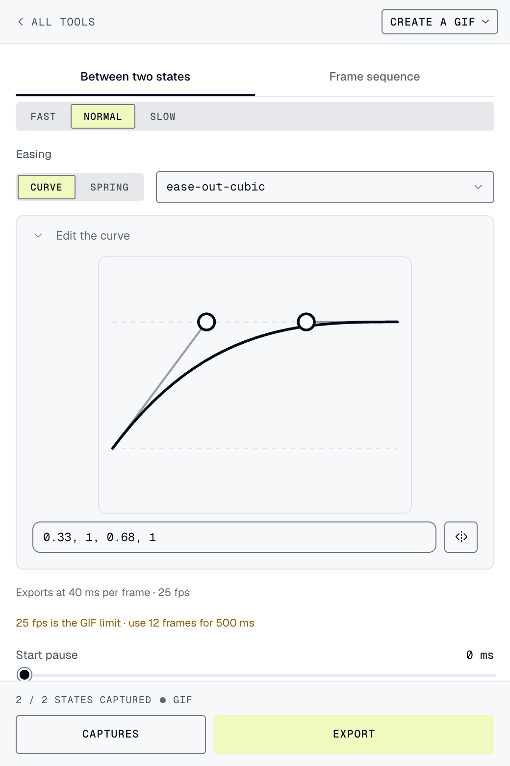 The animation screen: the two captured states, the easing editor with its Bézier curve, and the duration field.