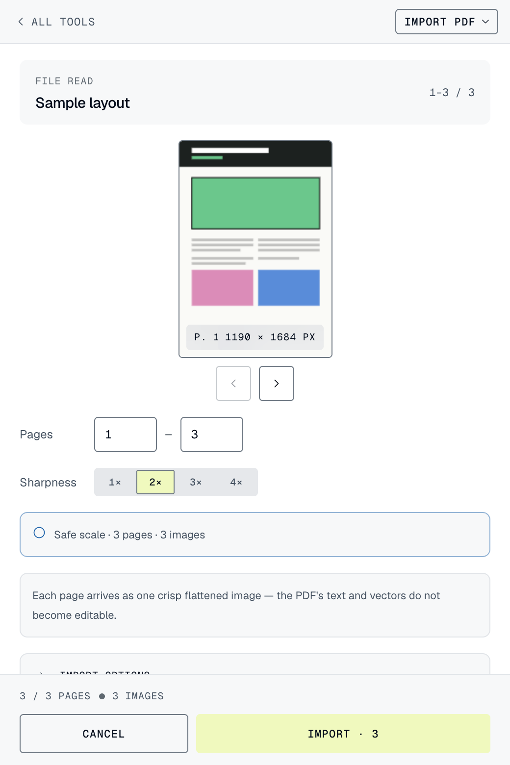 The PDF import screen: the dropped document, its page count, and the option that keeps the text searchable.