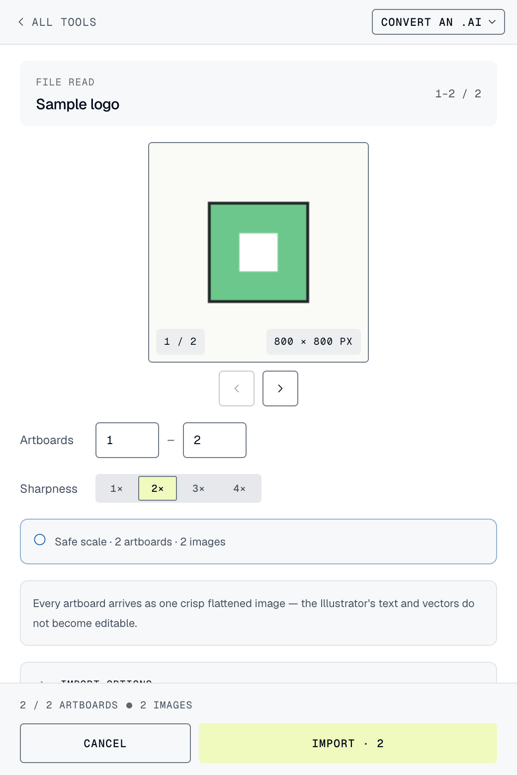 The .ai import screen: the artboards found in the file, each one about to become its own Figma frame.