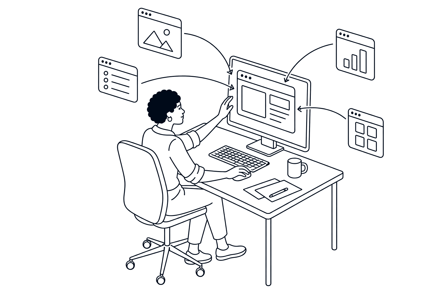 Line drawing: four small windows converge into one window on a designer's monitor.