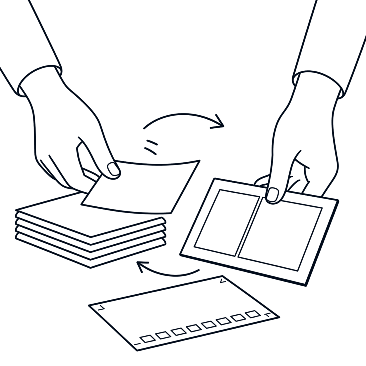 Line drawing: one hand lifts a layer sheet toward a design frame held by another hand, with two arrows and a print proof beside it.