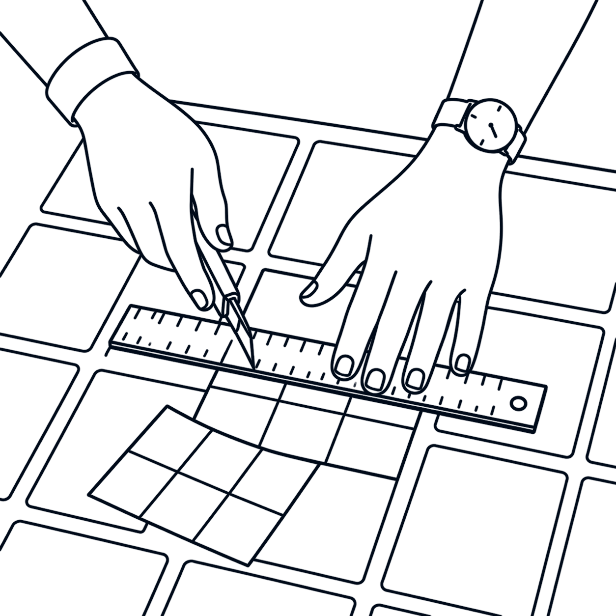 Line drawing: two hands use a ruler and cutter to divide a page into exact tiles above a grid of pages.
