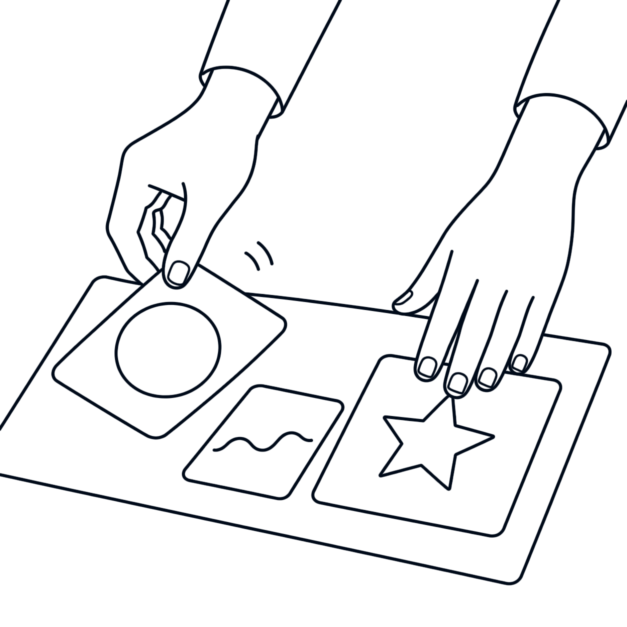 Line drawing: two hands lift one artboard from a drawing board while two other artboards stay in place.