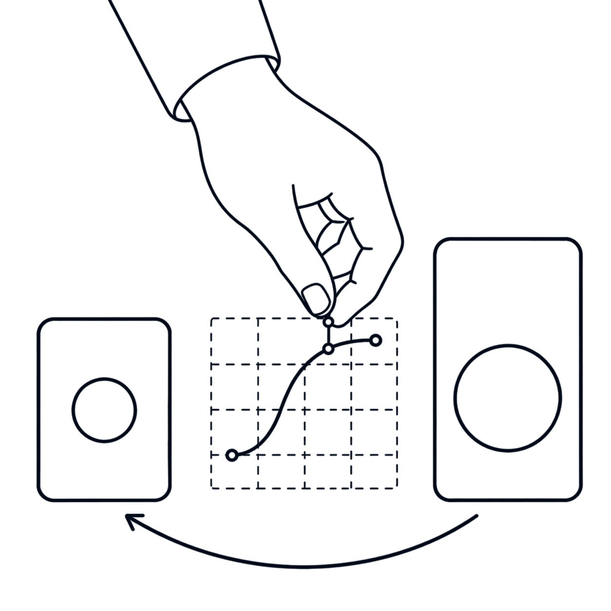 Line drawing: a hand adjusts an easing curve between a compact card and its expanded state, with a looping arrow below.