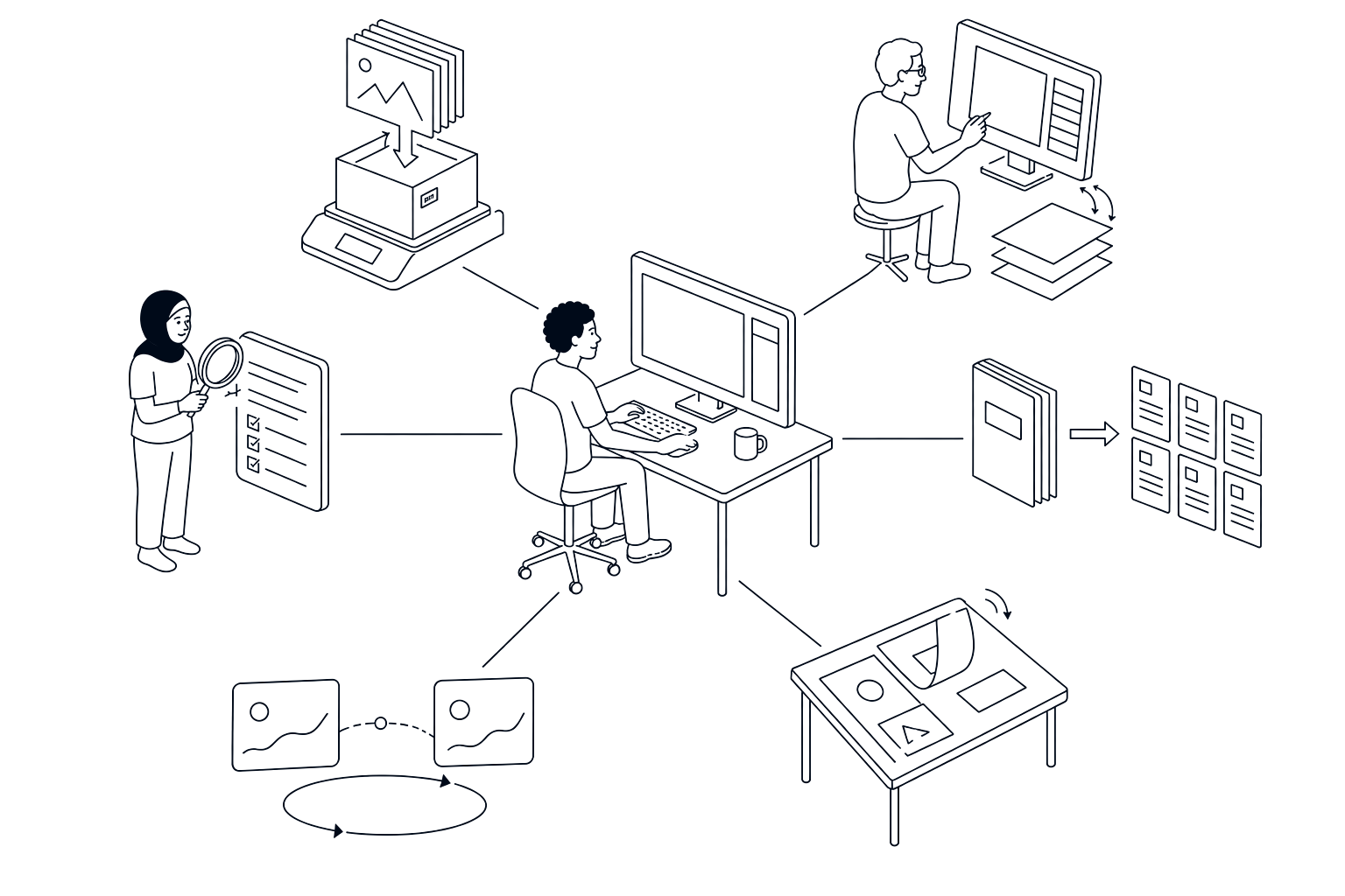 Isometric line drawing: a designer's desk with the plugin panel on screen, ringed by six small work stations — export, PSD, PDF, .ai, GIF and audit.