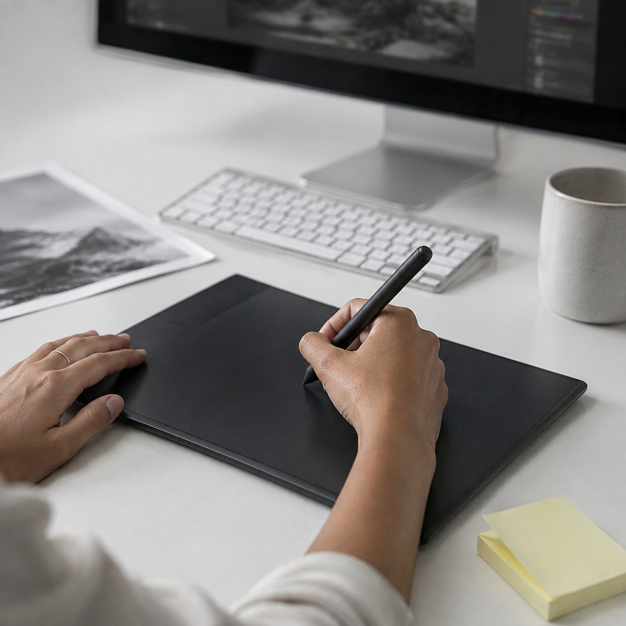 Hands working with a stylus and graphics tablet on a retoucher’s desk, beside pale lime notes.