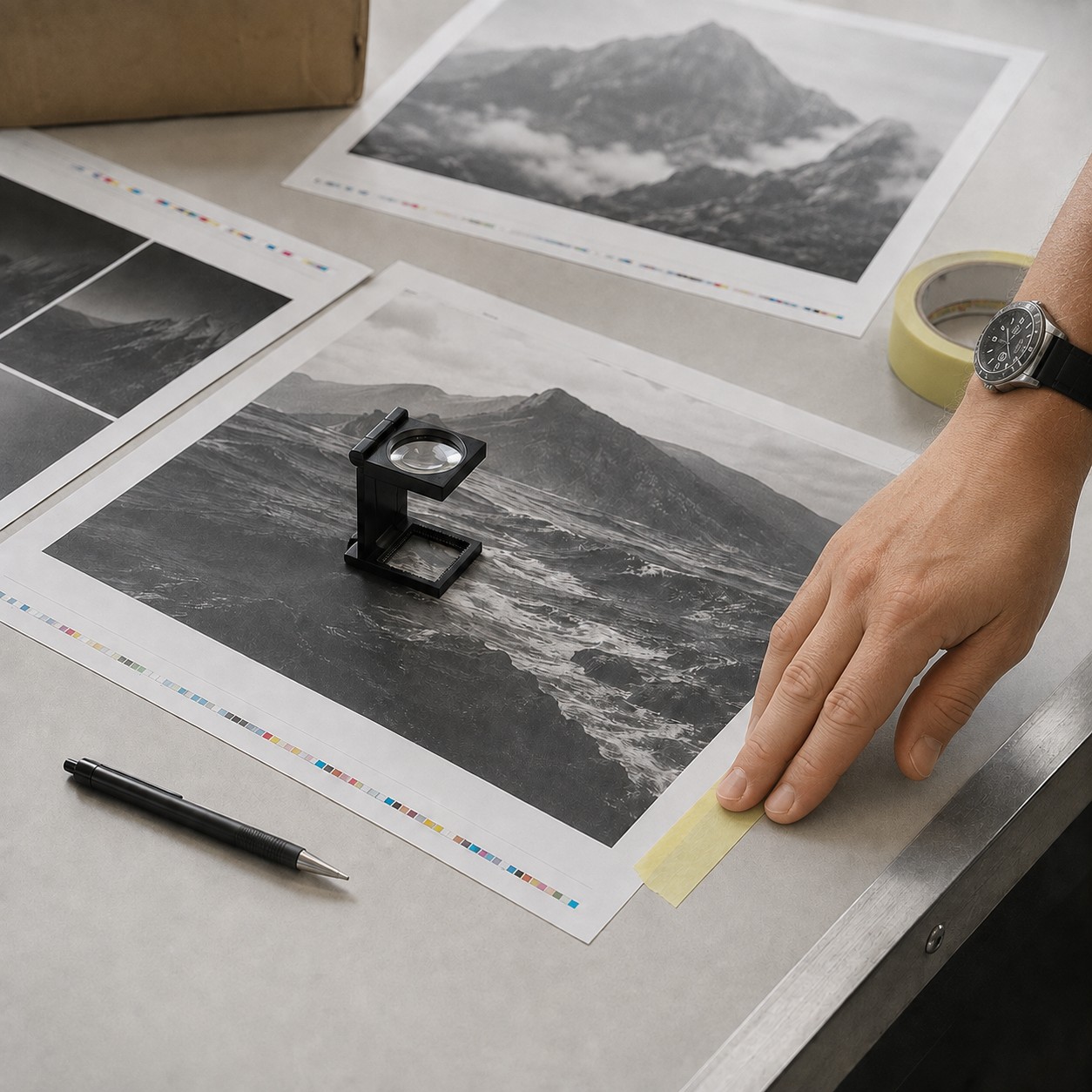 A hand presses pale lime tape onto a printed proof beside a magnifying loupe.
